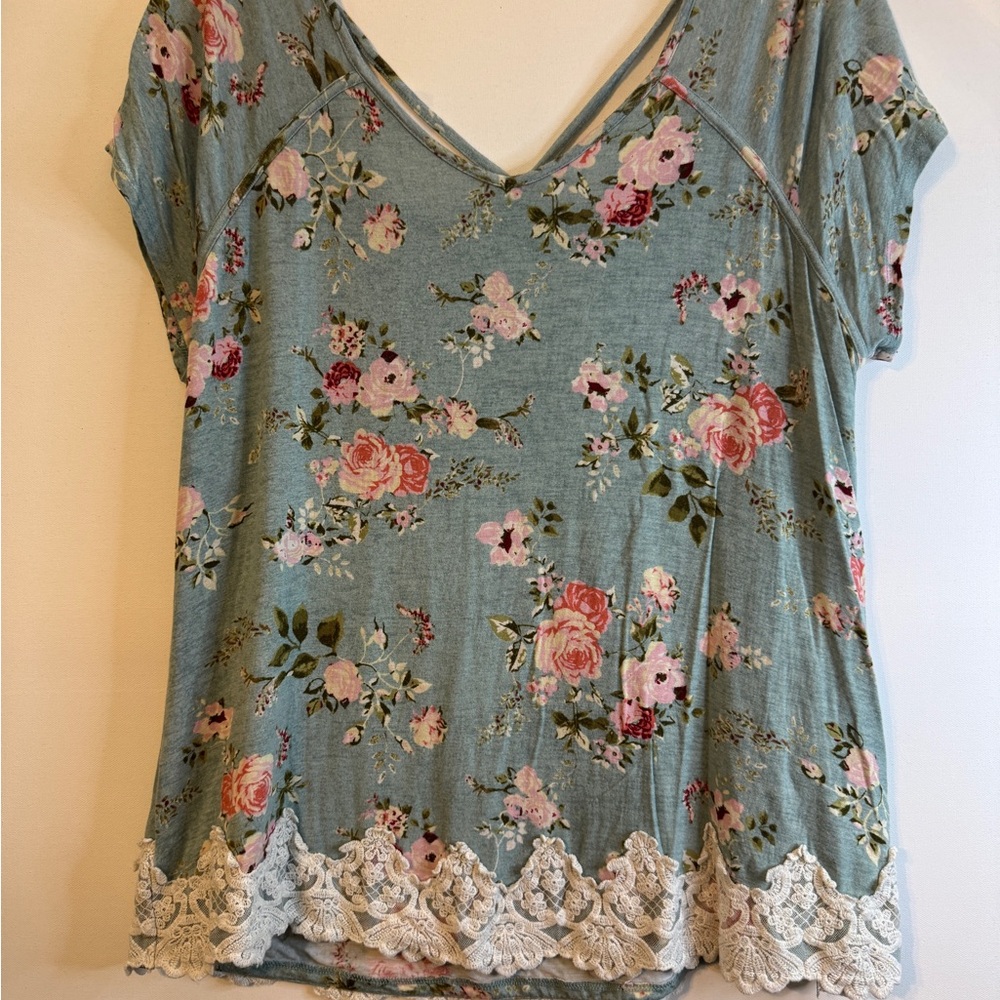 Jolt Green Floral Relaxed Short Sleeve Blouse